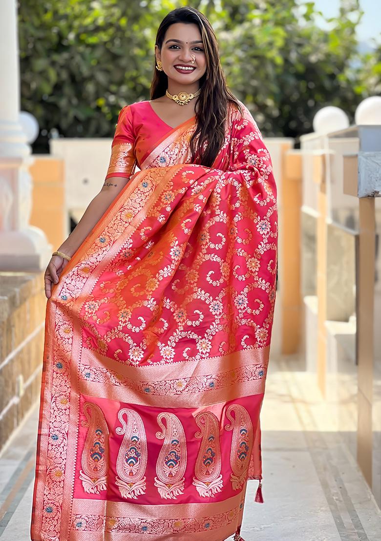 Gajri Pink Zari Embroidered Banarasi Silk  Saree Set