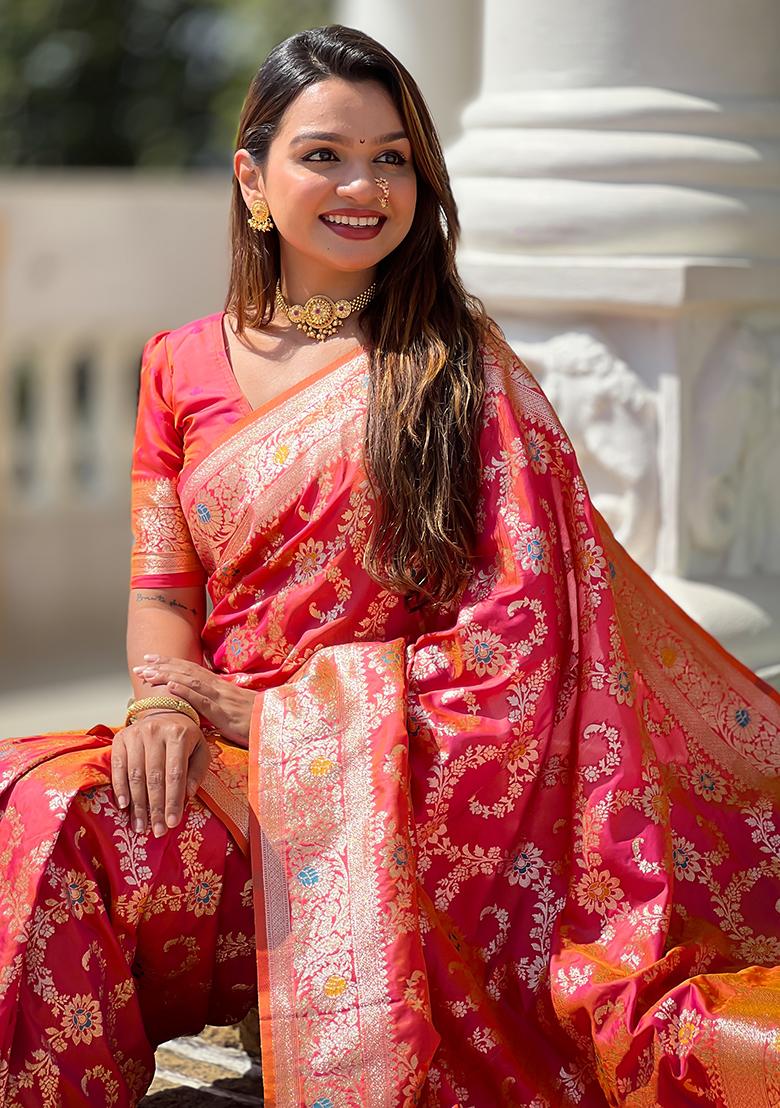 Gajri Pink Zari Embroidered Banarasi Silk  Saree Set