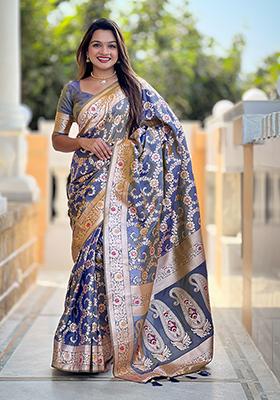 Grey Zari Embroidered Banarasi Silk  Saree Set
