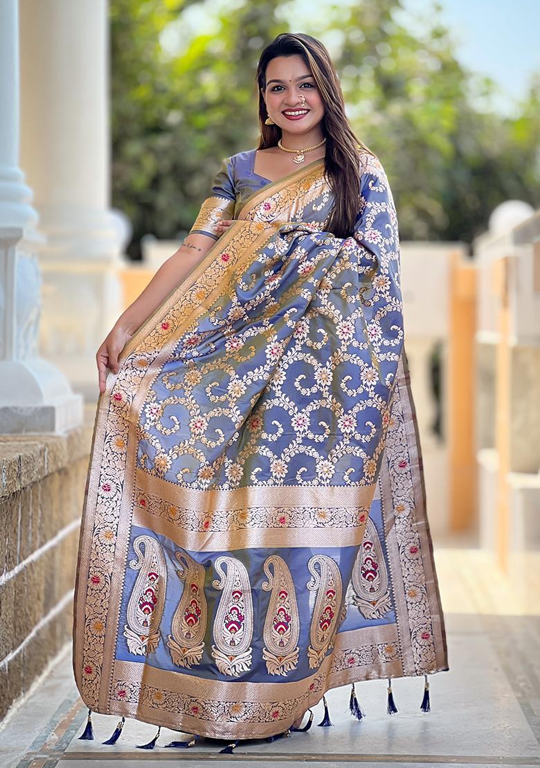 Grey Zari Embroidered Banarasi Silk  Saree Set