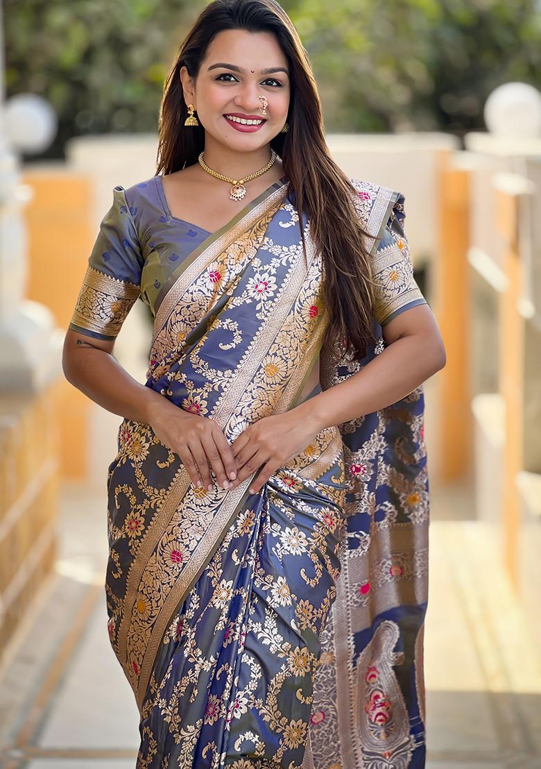 Grey Zari Embroidered Banarasi Silk  Saree Set