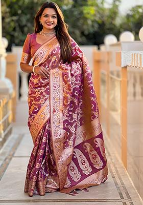 Onion Pink Zari Embroidered Banarasi Silk  Saree Set