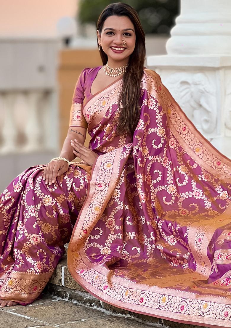 Onion Pink Zari Embroidered Banarasi Silk  Saree Set