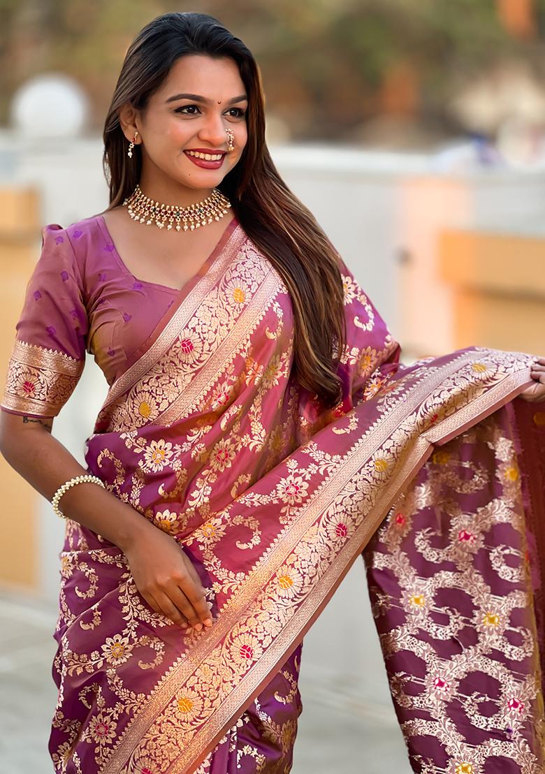 Onion Pink Zari Embroidered Banarasi Silk  Saree Set