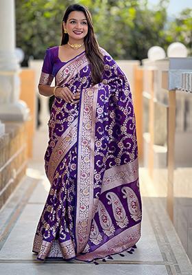 Purple Zari Embroidered Banarasi Silk  Saree Set