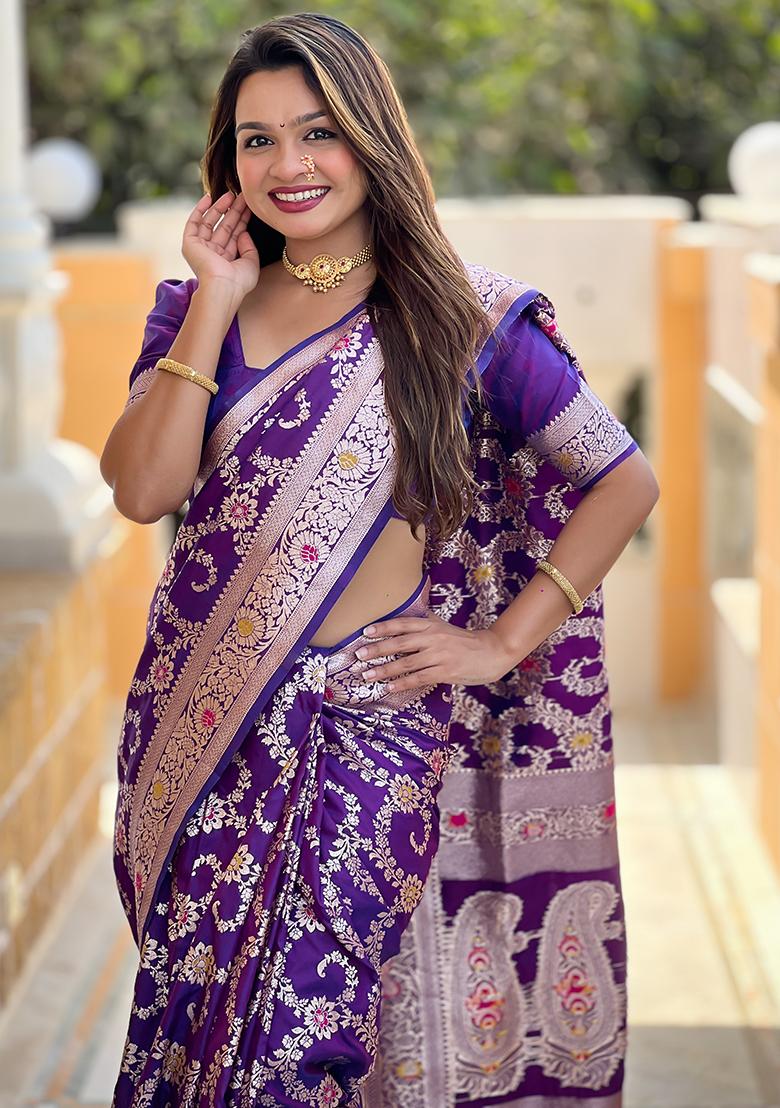 Purple Zari Embroidered Banarasi Silk  Saree Set