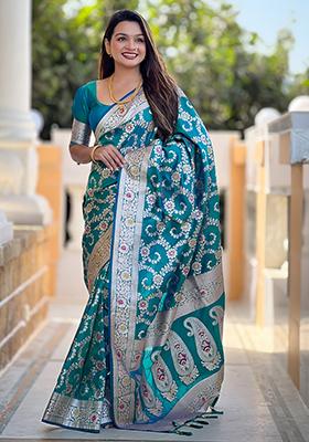 Rama Zari Embroidered Banarasi Silk  Saree Set