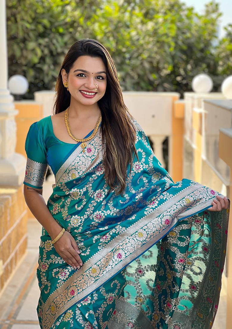 Rama Zari Embroidered Banarasi Silk  Saree Set