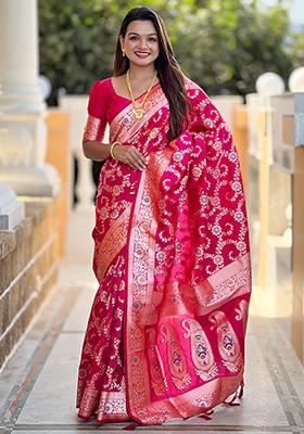 Rani Pink Zari Embroidered Banarasi Silk  Saree Set