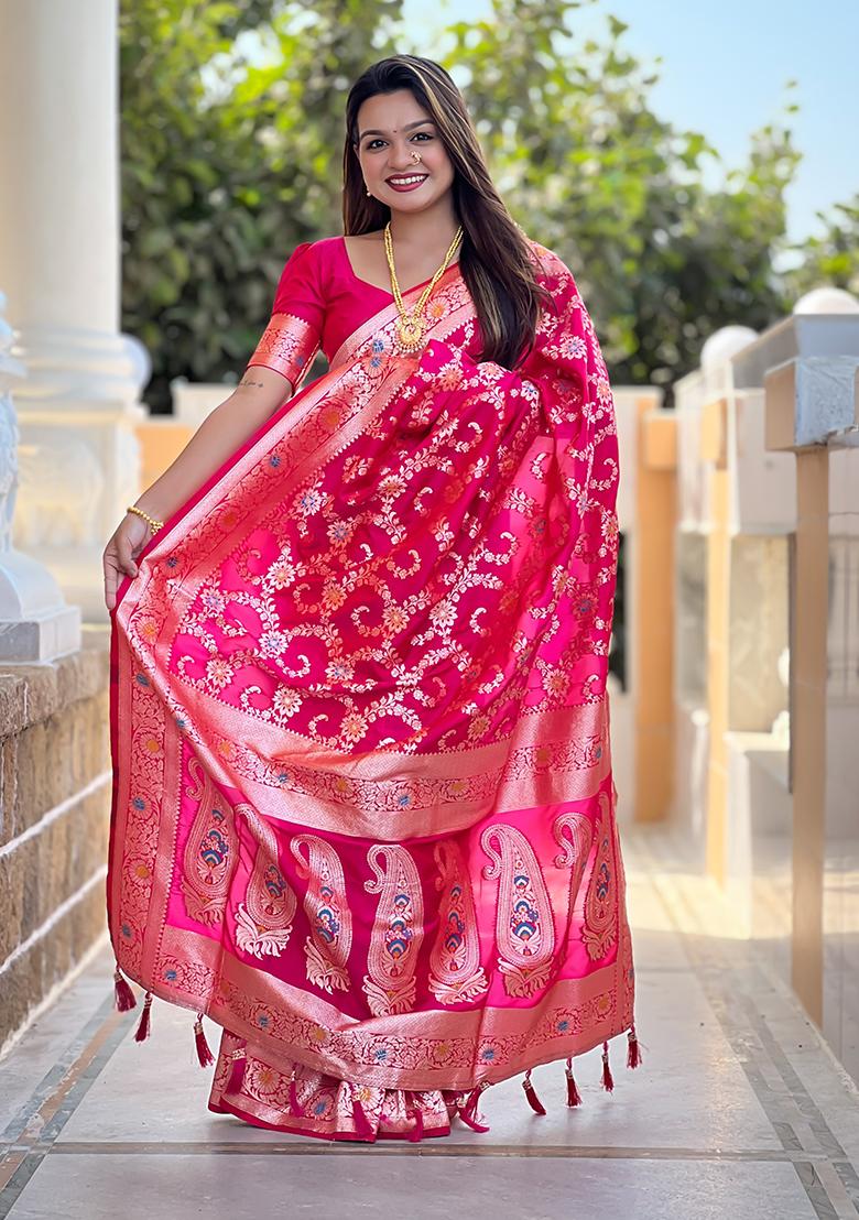 Rani Pink Zari Embroidered Banarasi Silk  Saree Set