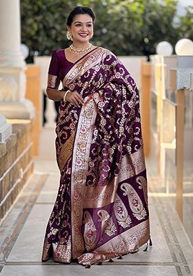 Wine Zari Embroidered Banarasi Silk  Saree Set