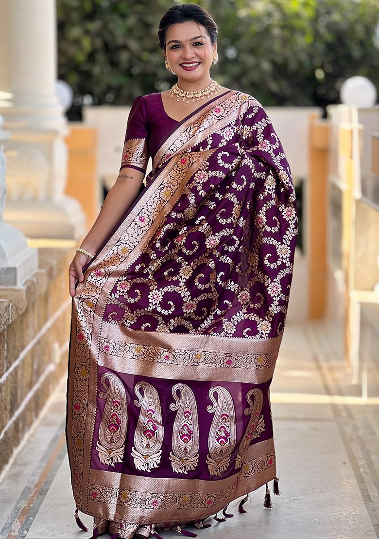 Wine Zari Embroidered Banarasi Silk  Saree Set