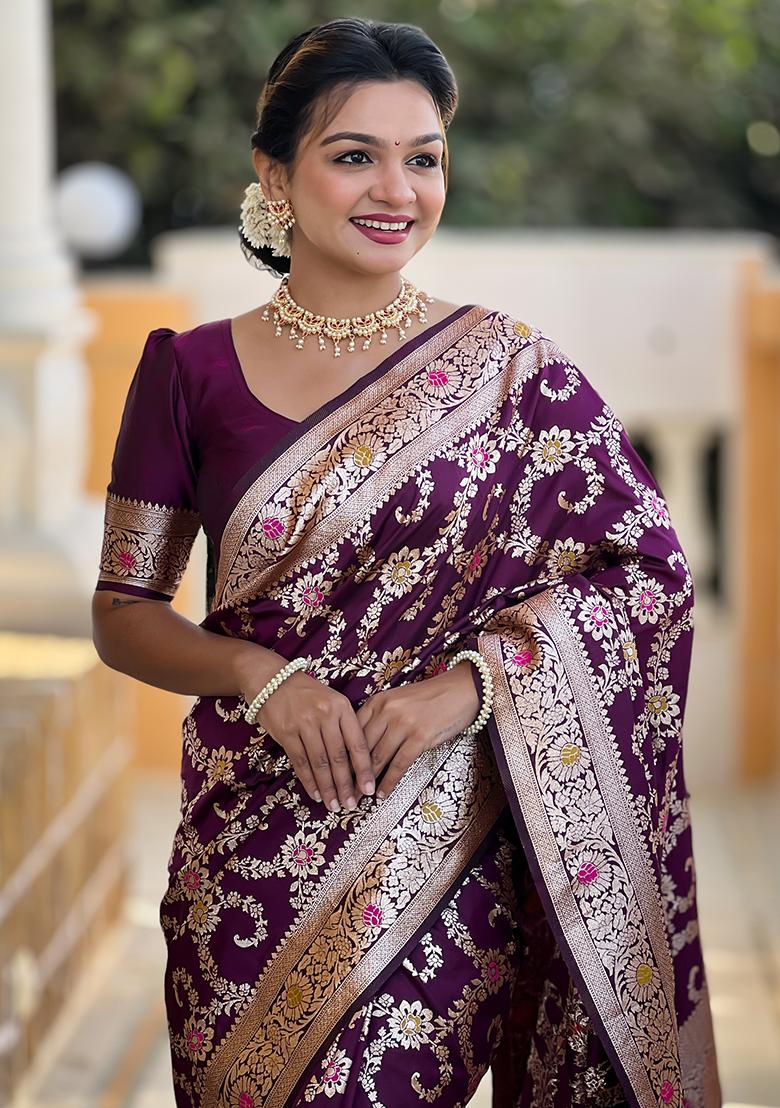 Wine Zari Embroidered Banarasi Silk  Saree Set