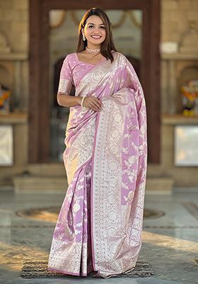 Onion Pink Zari Embroidered Banarasi Silk  Saree Set