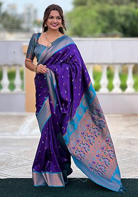 Violet Zari Embroidered Paithani Silk Saree Set