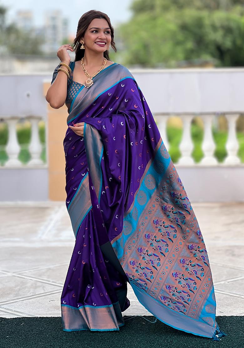 Violet Zari Embroidered Paithani Silk Saree Set