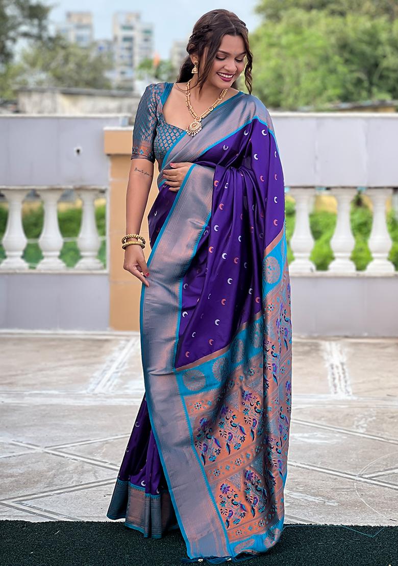 Violet Zari Embroidered Paithani Silk Saree Set