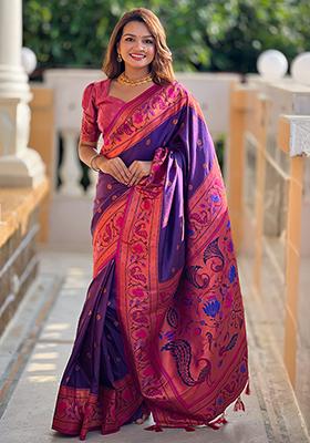 Deep Purple Zari Embroidered Paithani Silk Saree Set