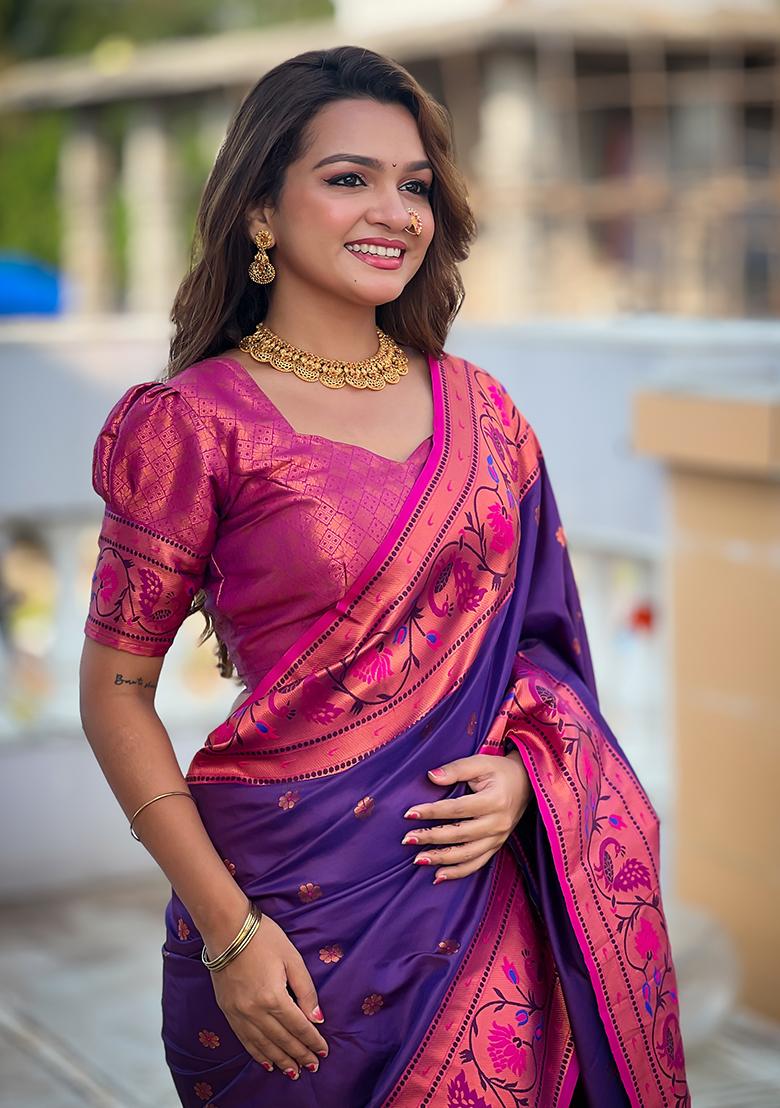 Deep Purple Zari Embroidered Paithani Silk Saree Set
