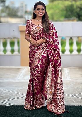 Magenta Zari Embroidered Dolla Silk Saree Set