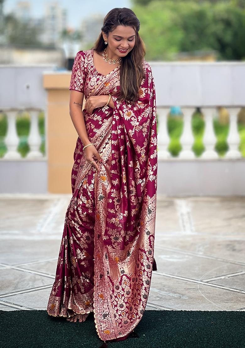 Magenta Zari Embroidered Dolla Silk Saree Set