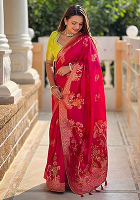 Rani Pink Zari Embroidered Dolla Silk Saree Set