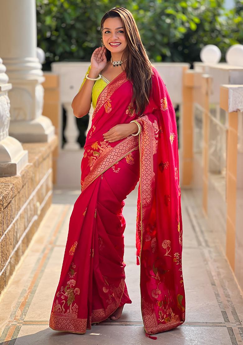 Rani Pink Zari Embroidered Dolla Silk Saree Set