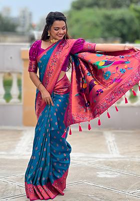 Dark Blue Zari Embroidered Paithani Silk Saree Set