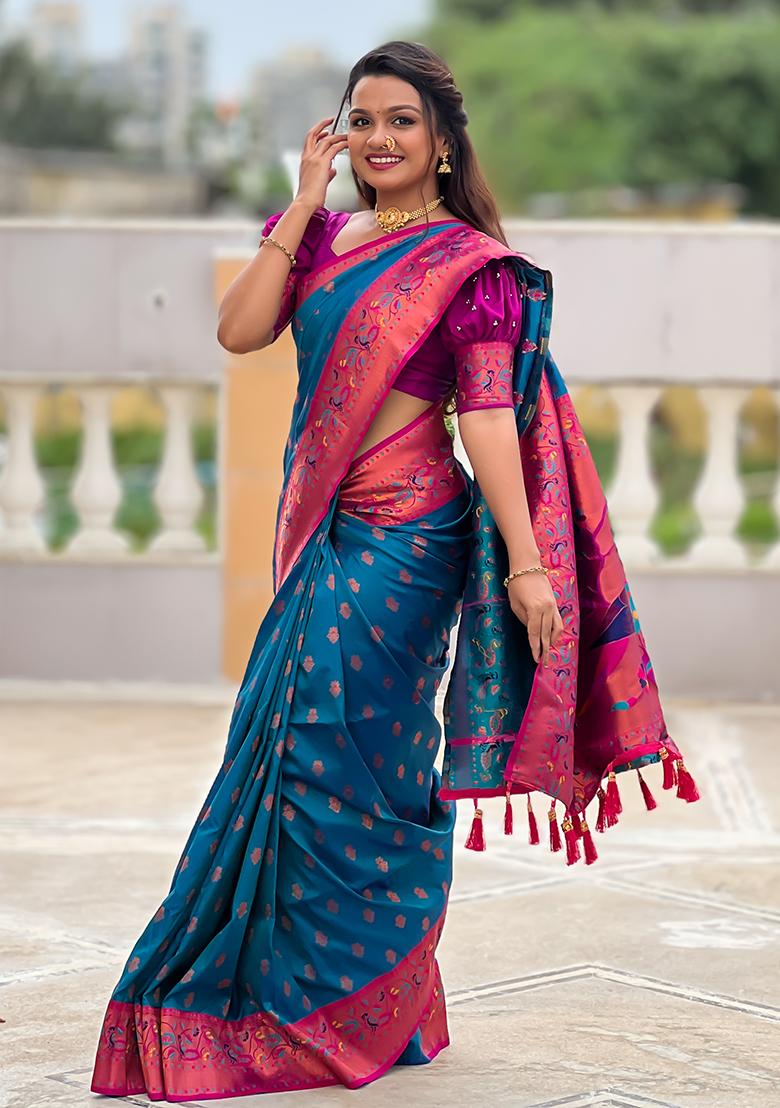 Dark Blue Zari Embroidered Paithani Silk Saree Set