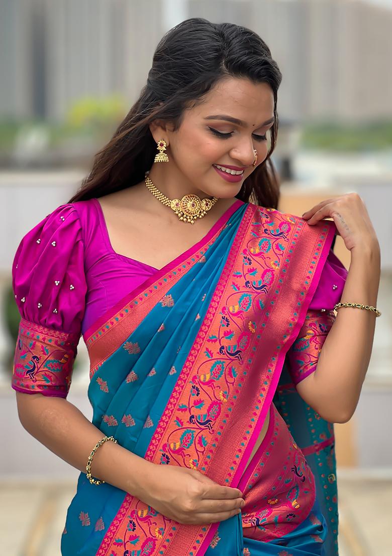 Dark Blue Zari Embroidered Paithani Silk Saree Set