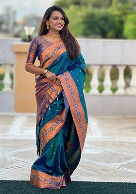 Teal Blue Zari Embroidered Paithani Silk Saree Set