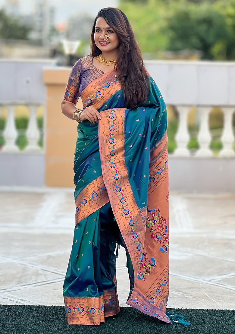Teal Blue Zari Embroidered Paithani Silk Saree Set