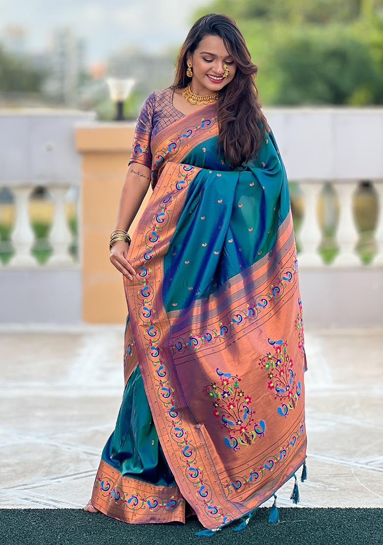 Teal Blue Zari Embroidered Paithani Silk Saree Set
