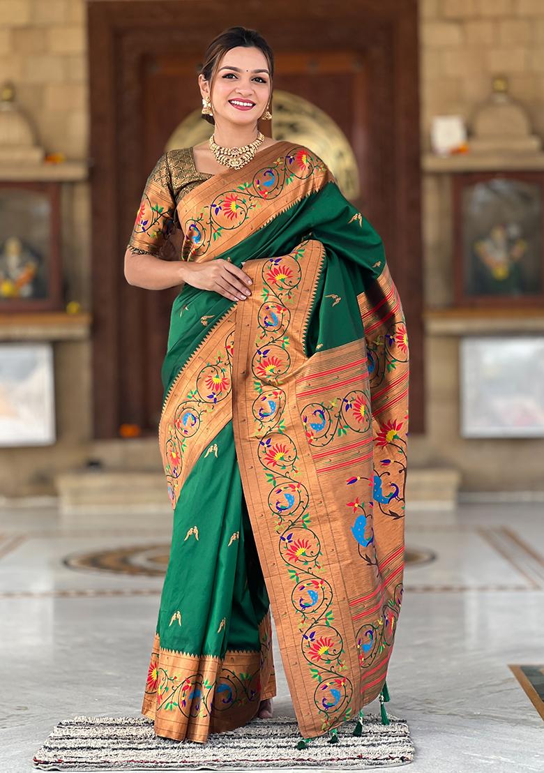 Dark Green Zari Embroidered Paithani Silk Saree Set