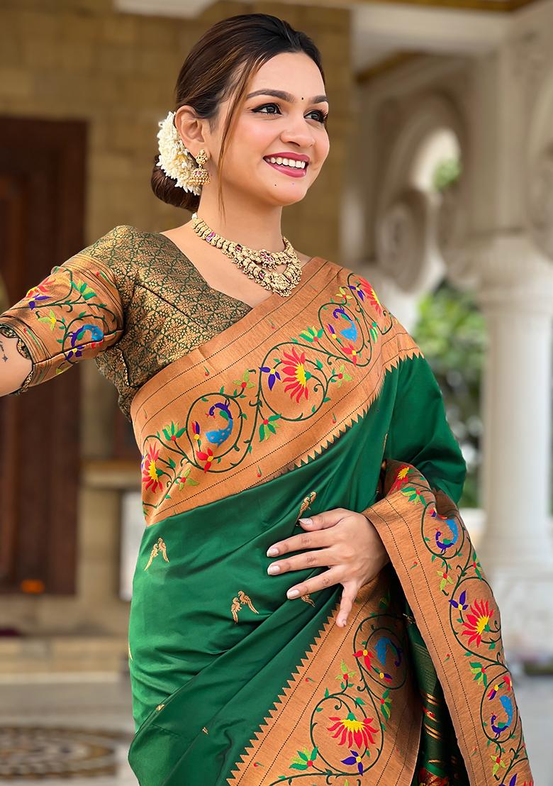 Dark Green Zari Embroidered Paithani Silk Saree Set