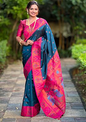 Teal Blue Zari Embroidered Paithani Silk Saree Set