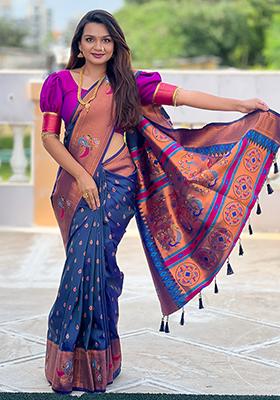Navy Blue Zari Embroidered Paithani Silk Saree Set