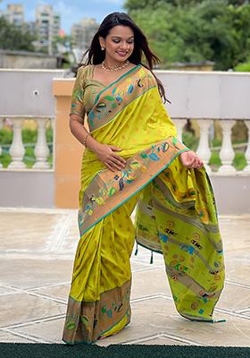 Pista Green Zari Embroidered Paithani Silk Saree Set