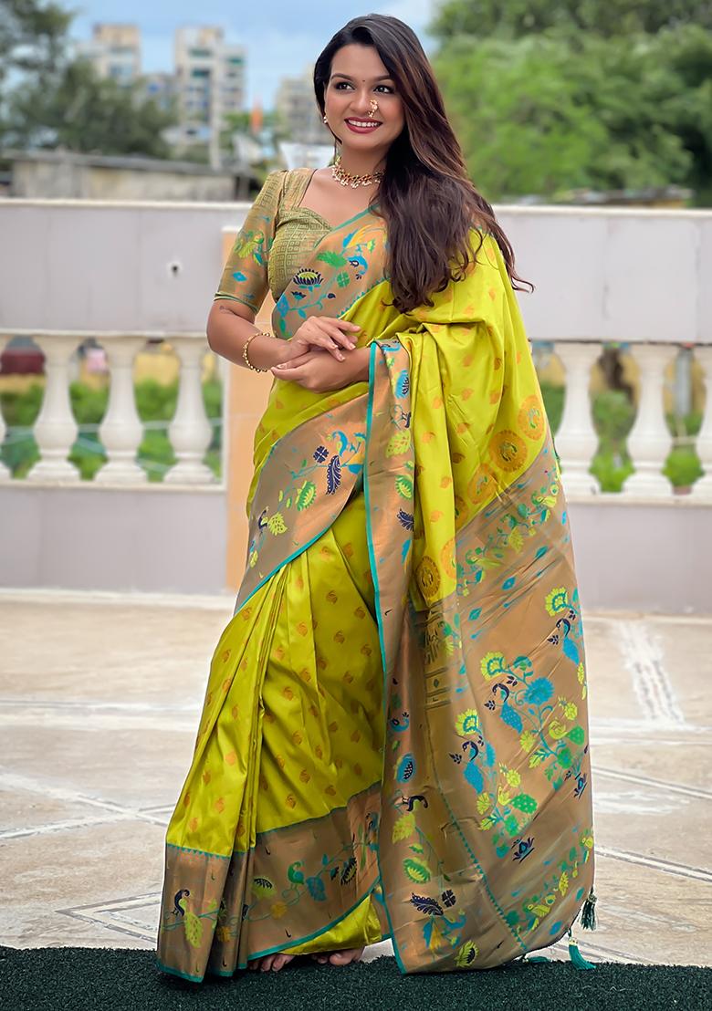 Pista Green Zari Embroidered Paithani Silk Saree Set