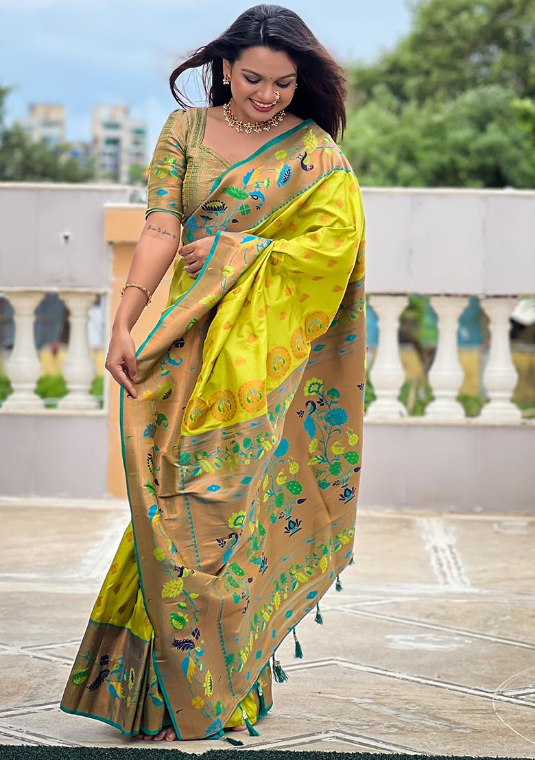 Pista Green Zari Embroidered Paithani Silk Saree Set