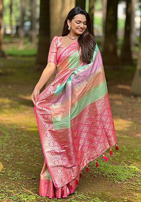Rani Pink Zari Embroidered Silk Saree Set