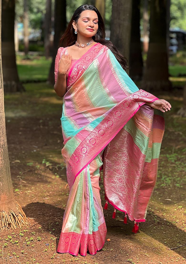 Rani Pink Zari Embroidered Silk Saree Set