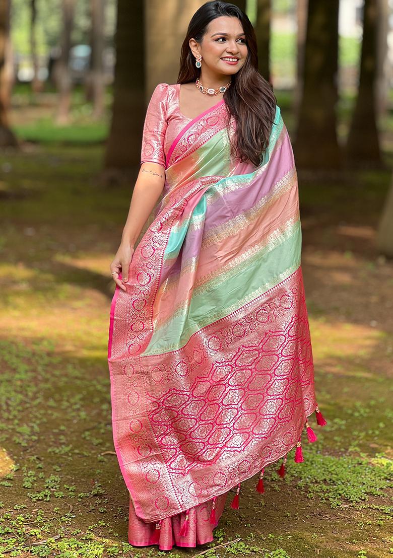 Rani Pink Zari Embroidered Silk Saree Set