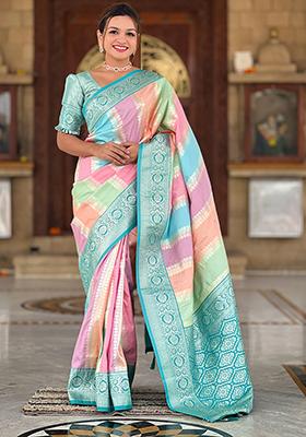 Sky Blue Zari Embroidered Silk Saree Set
