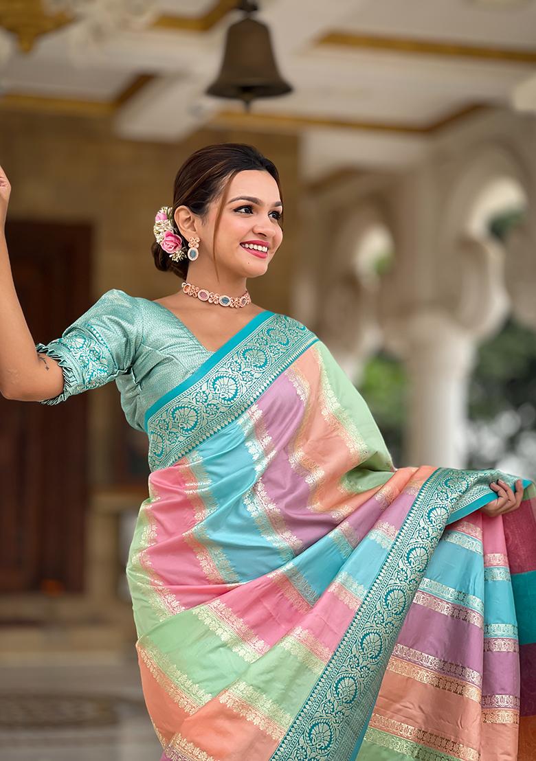 Sky Blue Zari Embroidered Silk Saree Set