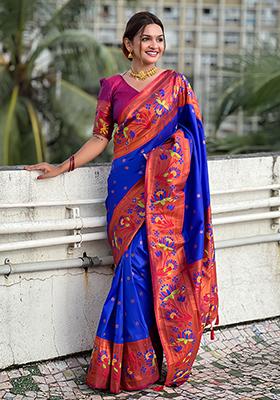Royal Blue Zari Embroidered Paithani Silk Saree Set