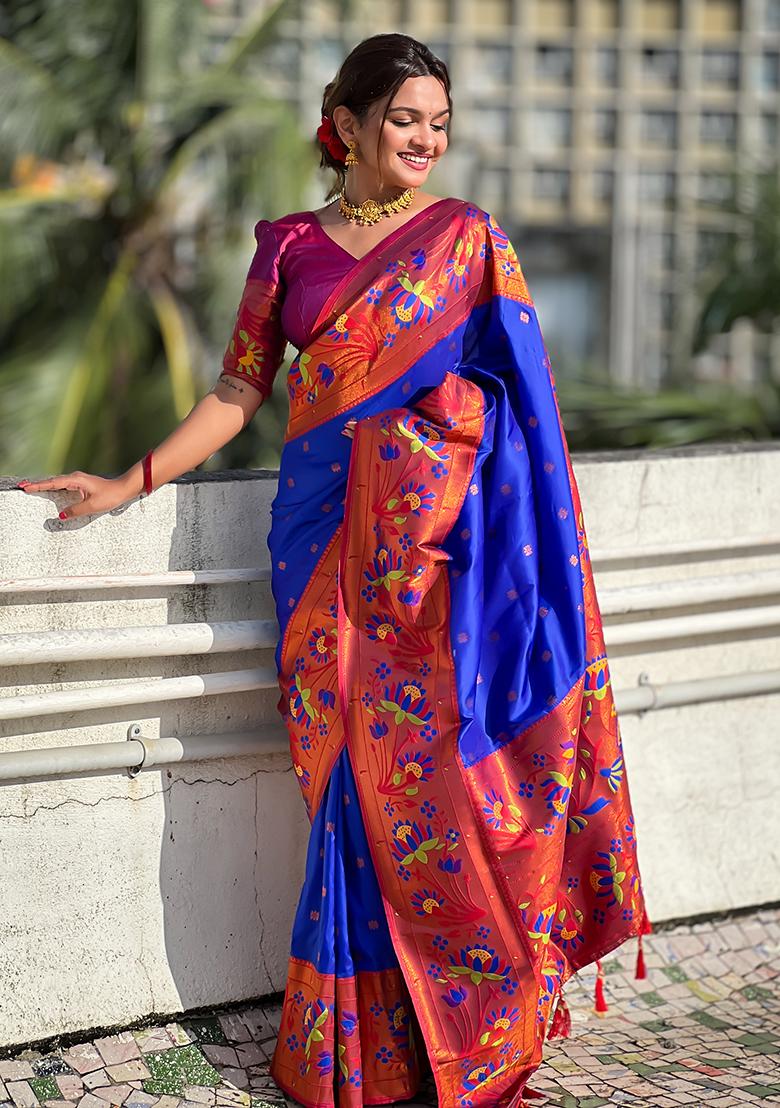 Royal Blue Zari Embroidered Paithani Silk Saree Set