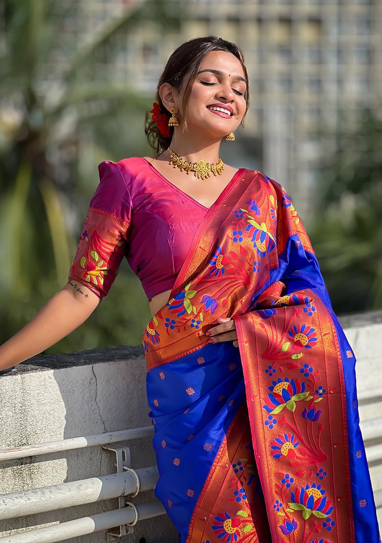 Royal Blue Zari Embroidered Paithani Silk Saree Set