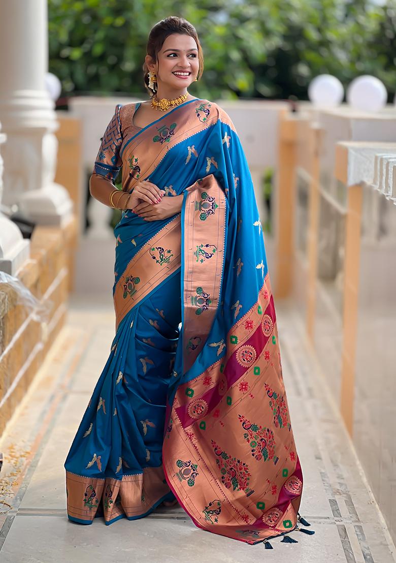 Dark Blue Zari Embroidered Paithani Silk Saree Set