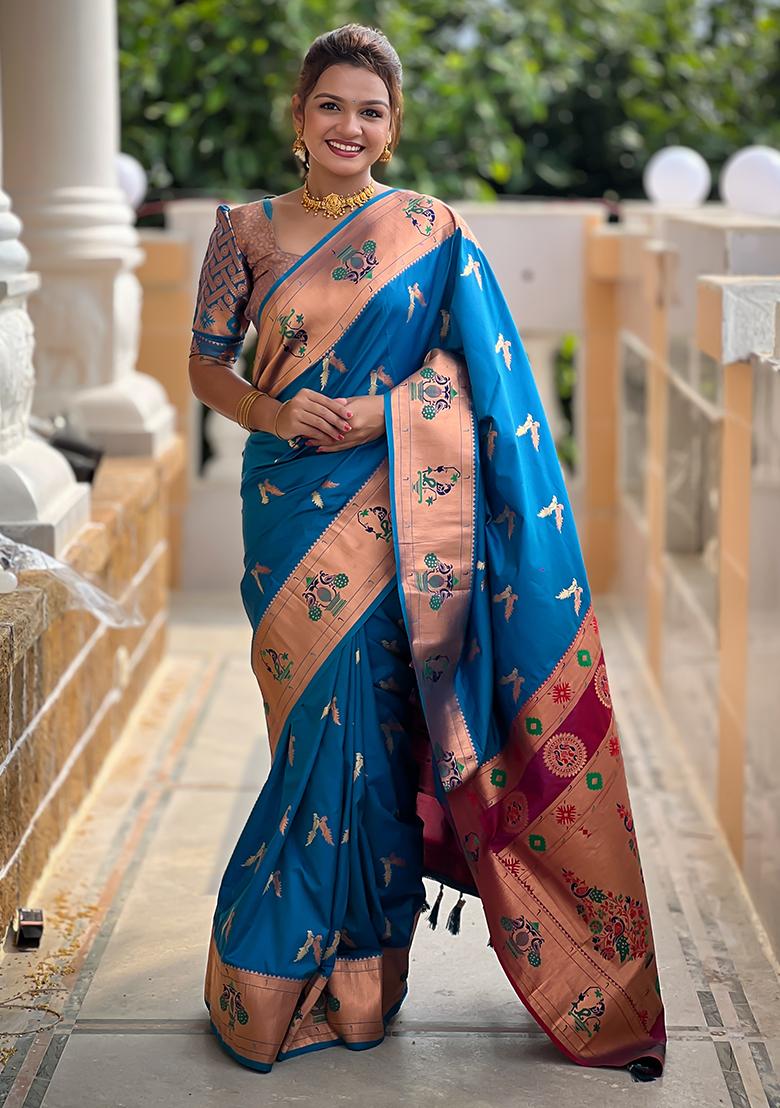 Dark Blue Zari Embroidered Paithani Silk Saree Set